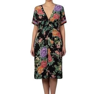 JOHNNY WAS The Janie Favorite Twist Front Swing Dress Black Floral Size S Retro